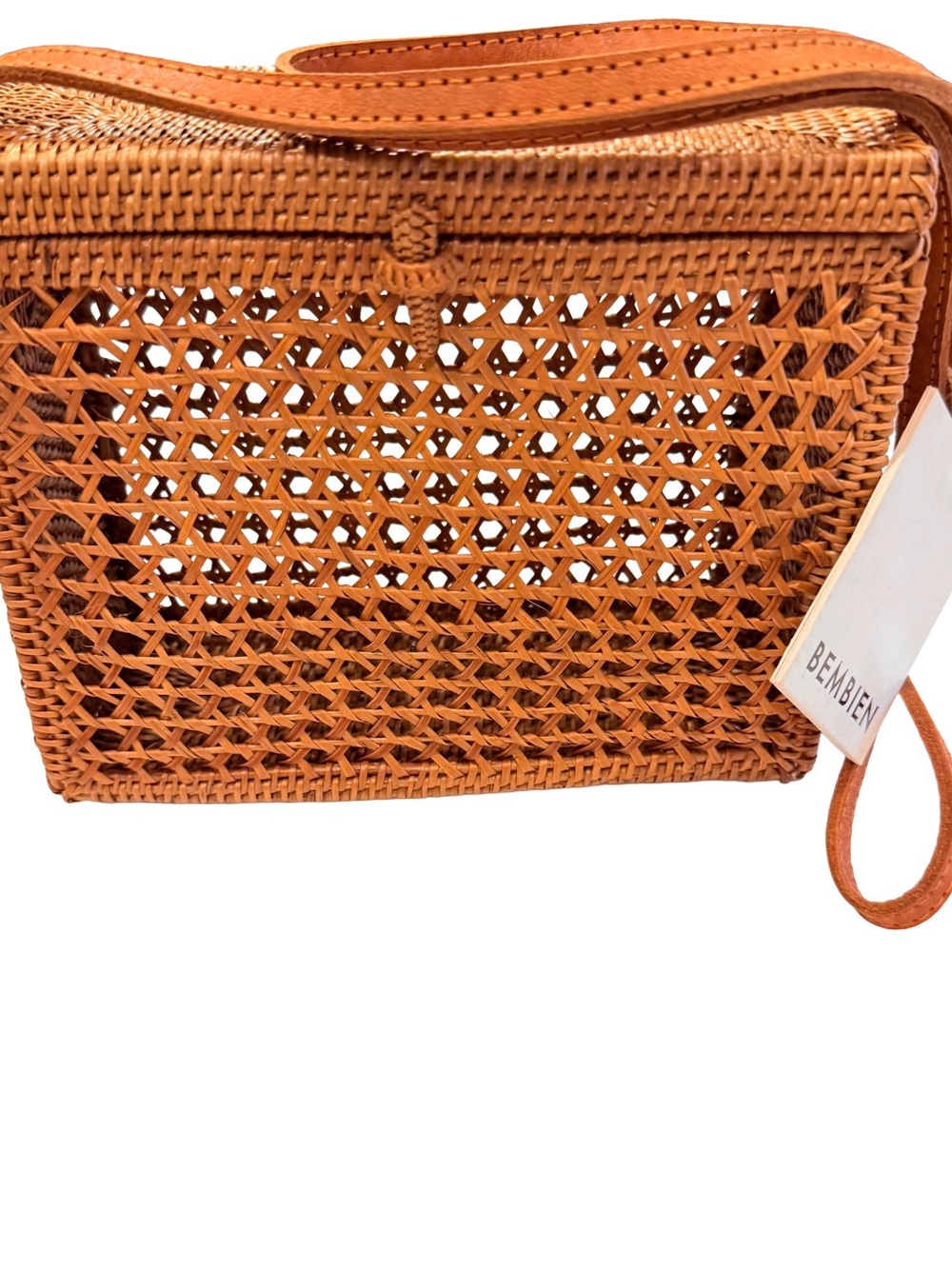 Bembien Women’s Handwoven Rattan Leather Shoulder Strap Dust Bag NWT